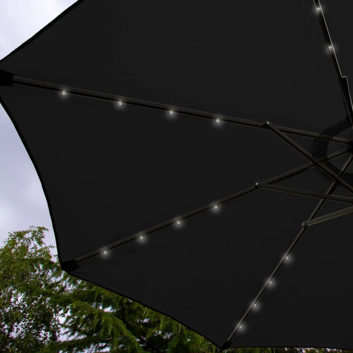 Black 2.7m LED tilt parasol featuring a sleek, dark canopy with integrated lights, perfect for outdoor shading and ambiance