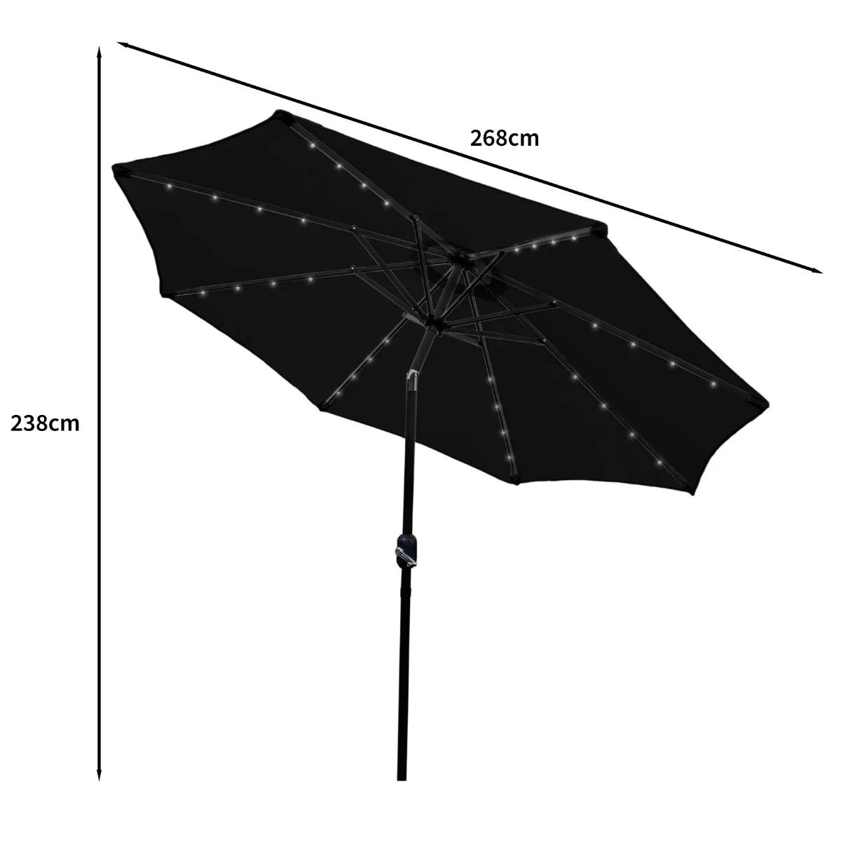Black 2.7m LED tilt parasol with a sleek design, featuring bright lights along the ribs, perfect for outdoor shading and ambiance