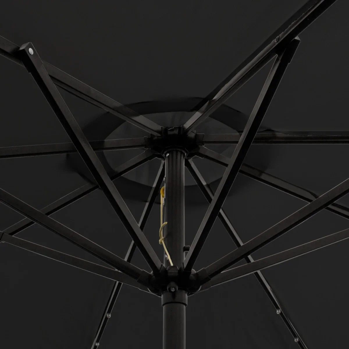 Black 2.7m LED tilt parasol showcasing a sturdy metal frame and a sleek, dark canopy with visible ribs and support structure