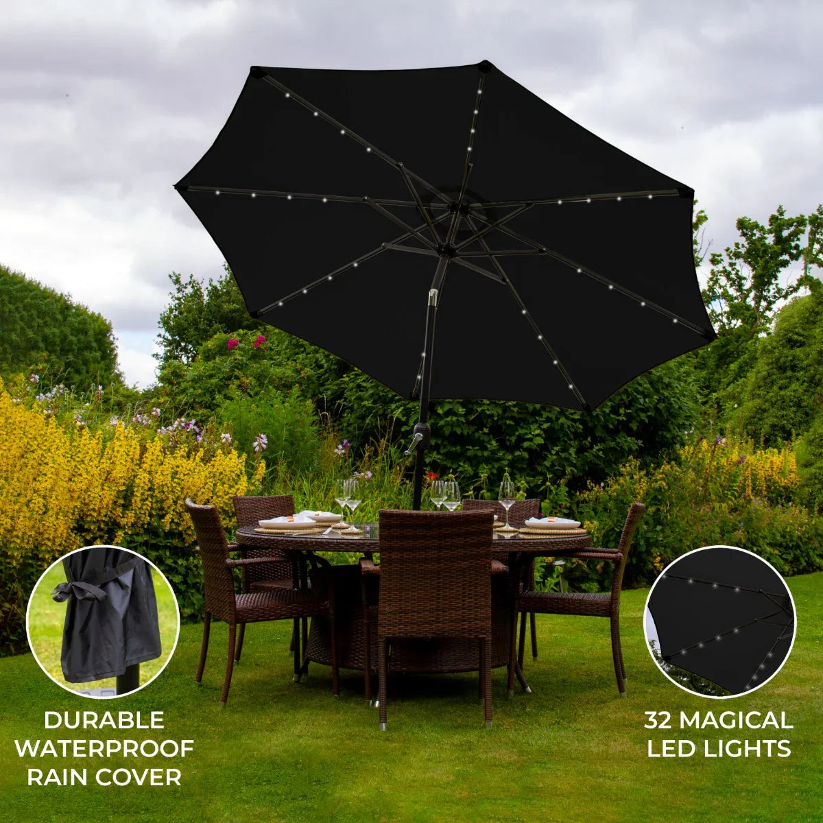 Black 2.7m LED tilt parasol with 32 lights, featuring a durable waterproof cover, set over a stylish outdoor dining table in a garden