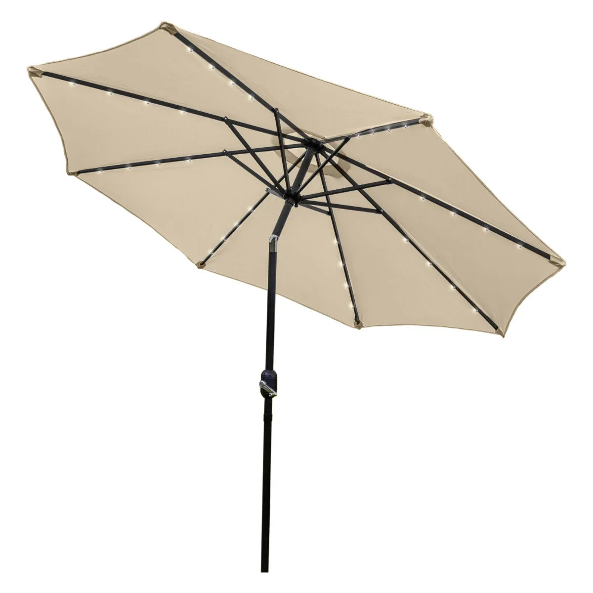 Beige 2.7m LED tilt parasol with a sturdy black frame, featuring integrated lights and a spacious canopy for outdoor shade