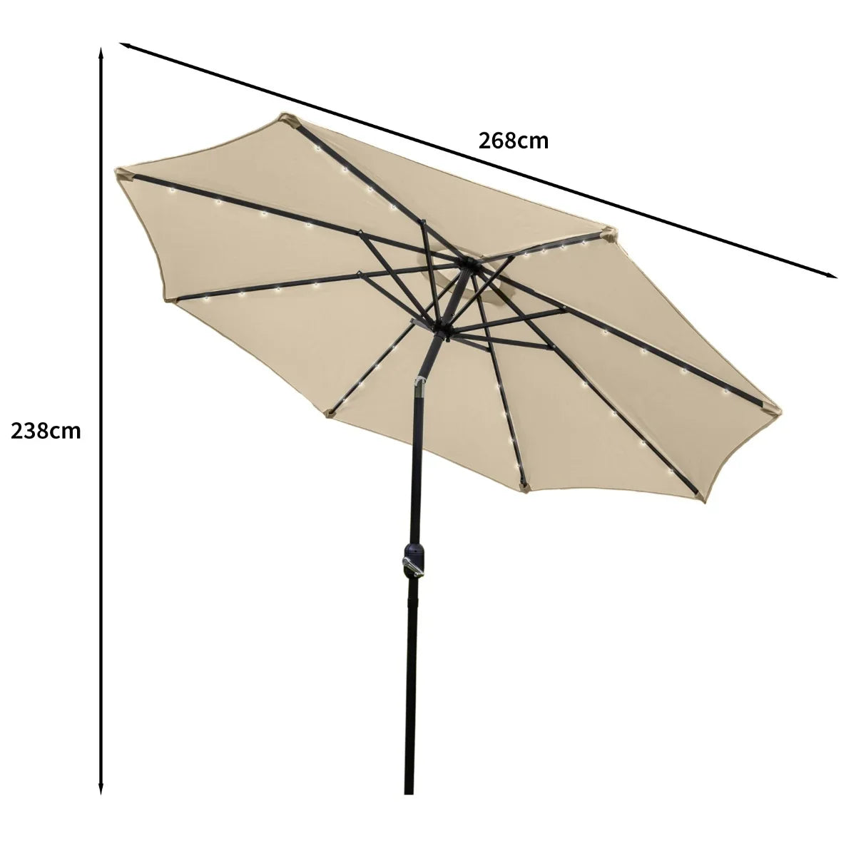 Beige 2.7m LED tilt parasol with a sturdy black frame, featuring a spacious canopy and integrated lights for outdoor shade and ambiance
