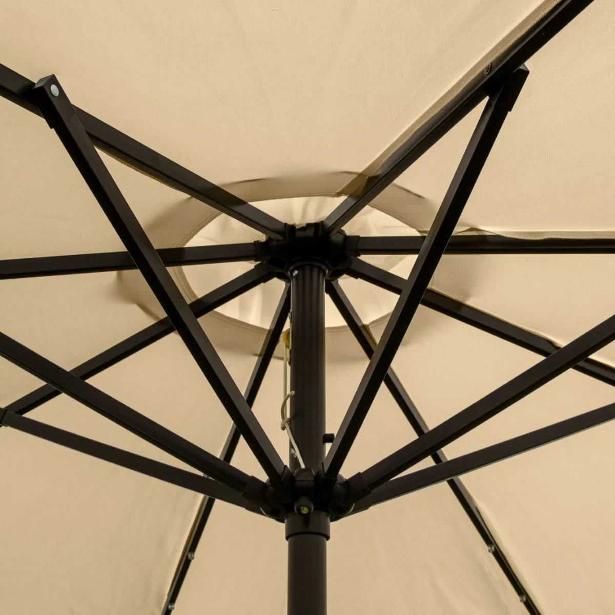 Beige 2.7m LED tilt parasol showcasing a sturdy black metal frame and detailed canopy structure, ideal for outdoor shade