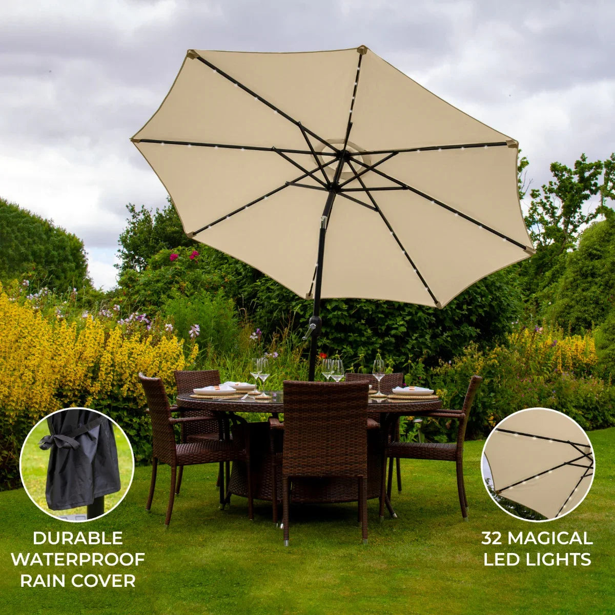 Beige 2.7m LED tilt parasol with a durable waterproof cover, featuring 32 LED lights, set over a stylish outdoor dining table