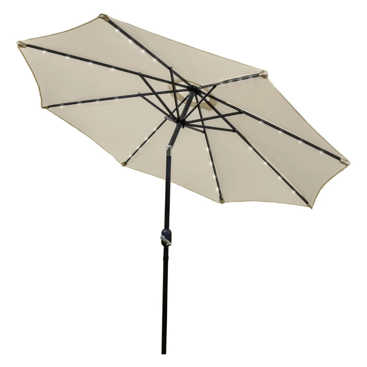 Cream 2.7m LED tilt parasol with a sturdy black frame, featuring a soft fabric canopy and integrated LED lights for evening use