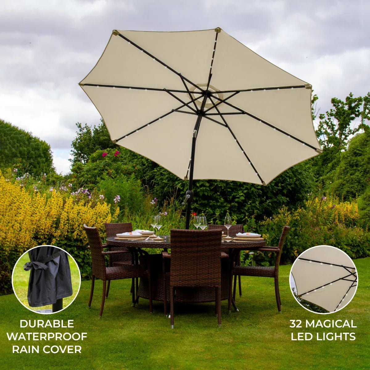 Cream 2.7m LED tilt parasol with a waterproof cover, featuring 32 LED lights, set over a stylish outdoor dining table in a garden