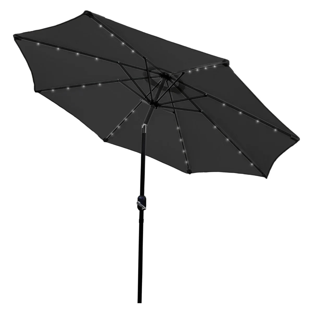 Grey 2.7m LED tilt parasol with a sleek design, featuring a sturdy black frame and illuminated fabric for evening use