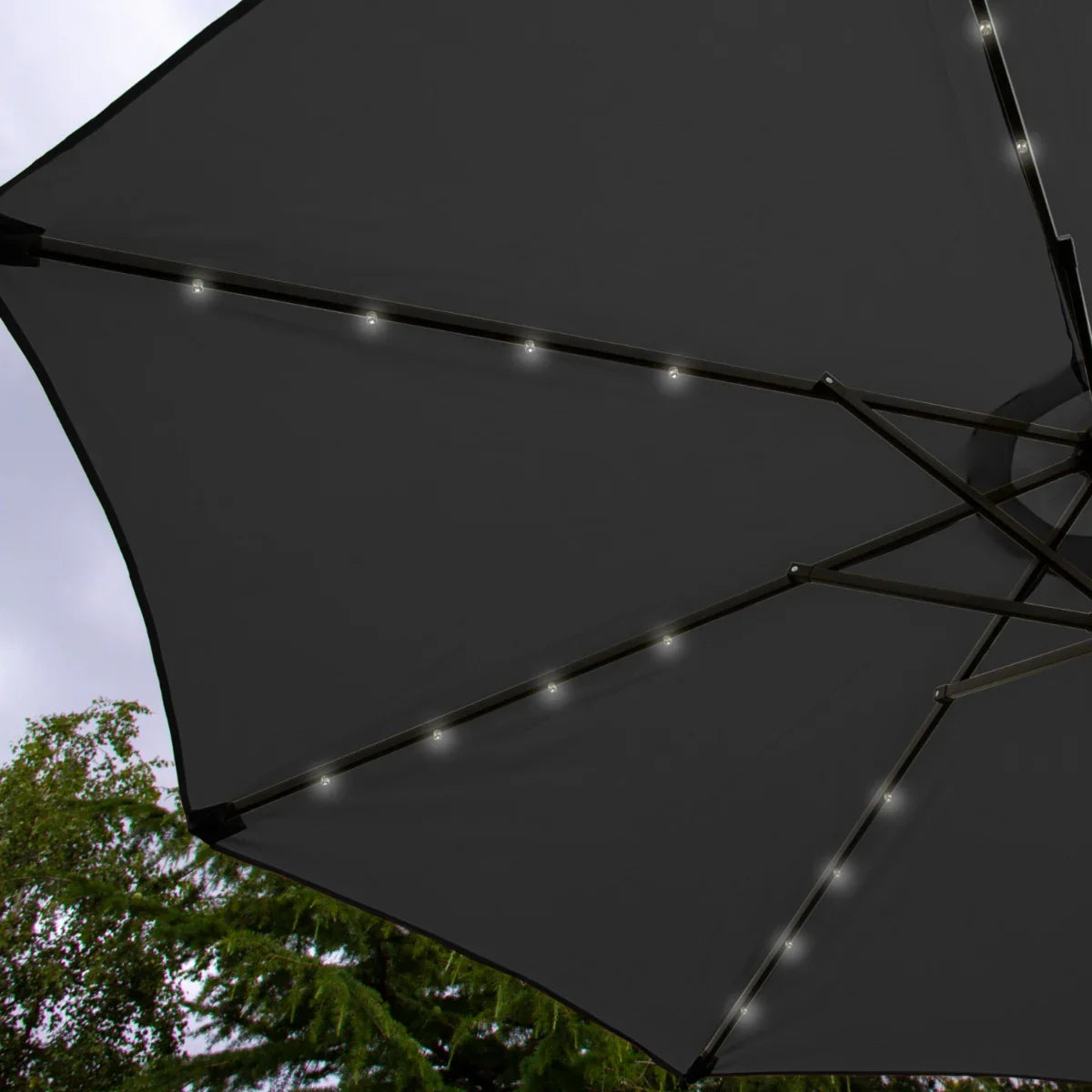 Grey 2.7m LED tilt parasol with integrated lights, showcasing a sleek canopy and sturdy frame, perfect for outdoor shading