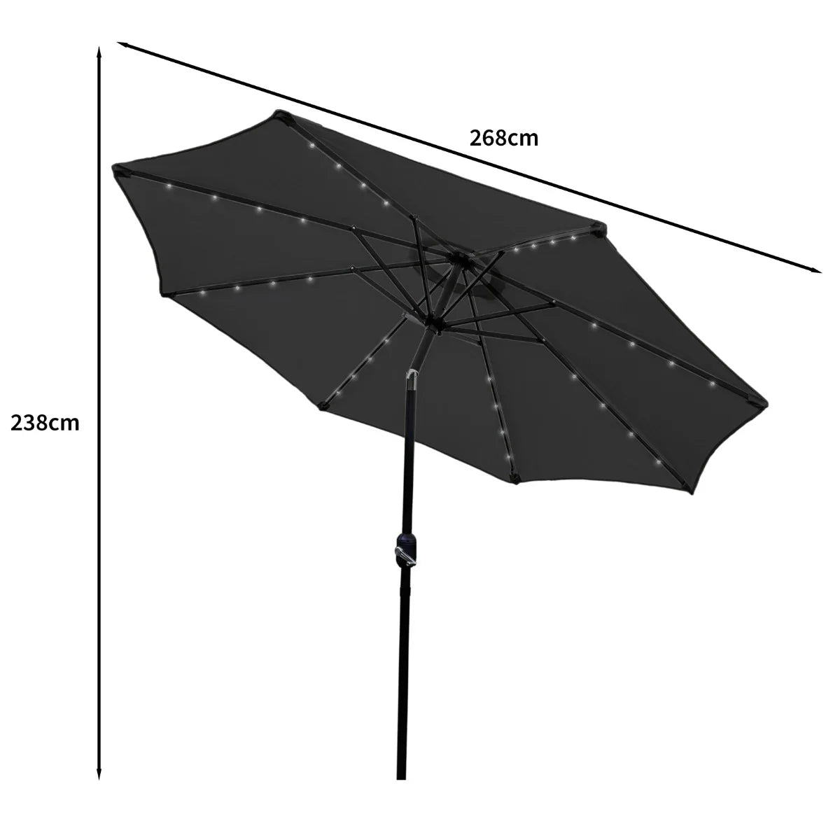 Grey 2.7m LED tilt parasol with a sleek black canopy, adjustable height, and integrated lights for outdoor shade and ambiance