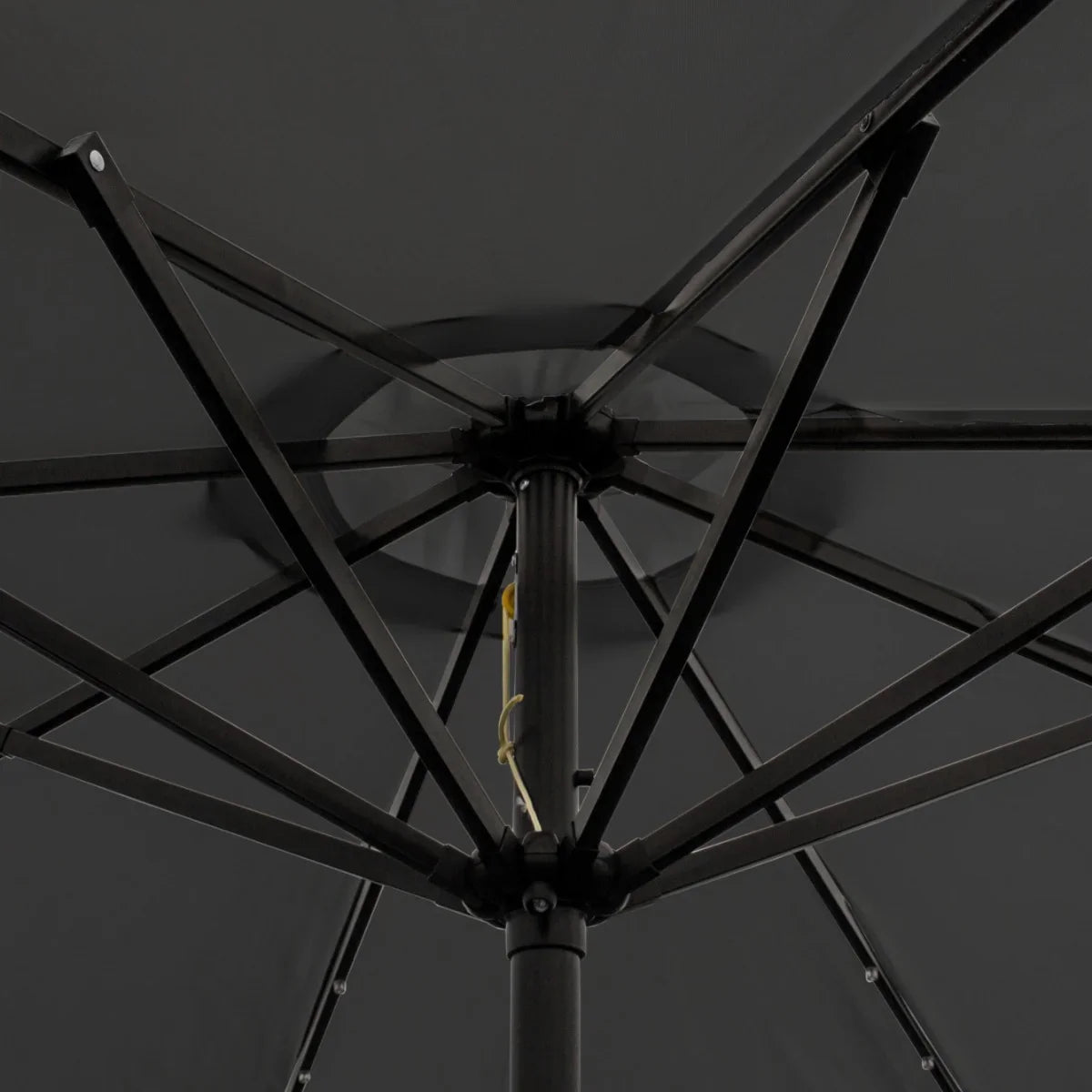 Grey 2.7m LED tilt parasol showcasing a sturdy black metal frame and intricate ribbing, designed for outdoor shade and style