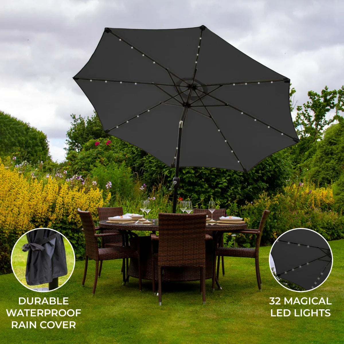 Grey 2.7m LED tilt parasol with a waterproof cover, featuring 32 LED lights, set over a dining table in a garden