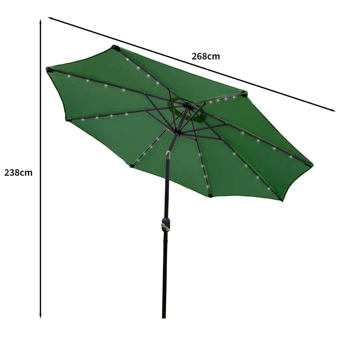 Green 2.7m LED tilt parasol with a sturdy black frame, featuring bright LED lights along the edges for evening use