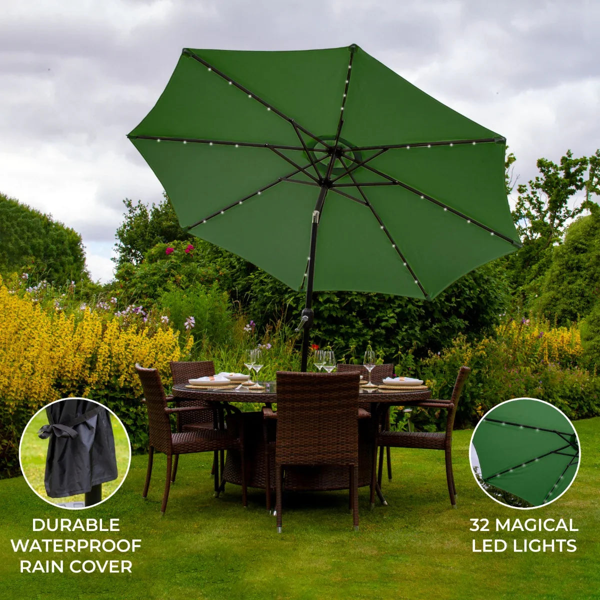 Green 2.7m LED tilt parasol with a durable waterproof cover and 32 integrated LED lights, perfect for outdoor dining settings