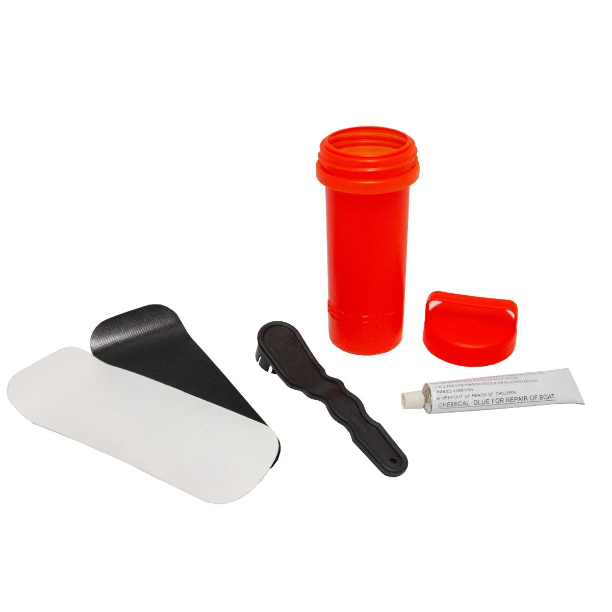 Repair kit for 10ft blue inflatable paddle board, including adhesive, patches, and tools in a red container