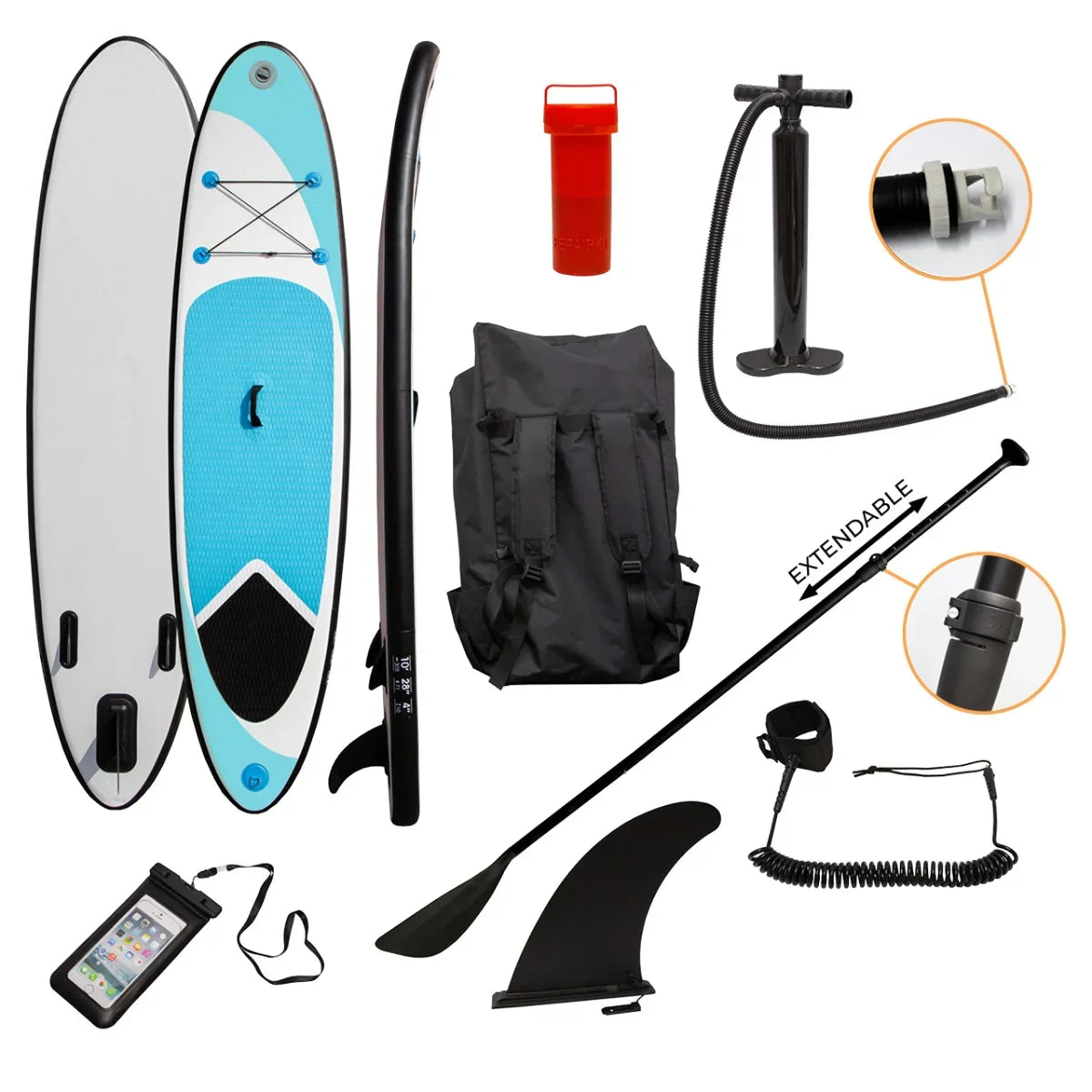 10ft blue inflatable paddle board with textured surface, adjustable paddle, pump, backpack, and waterproof phone case...