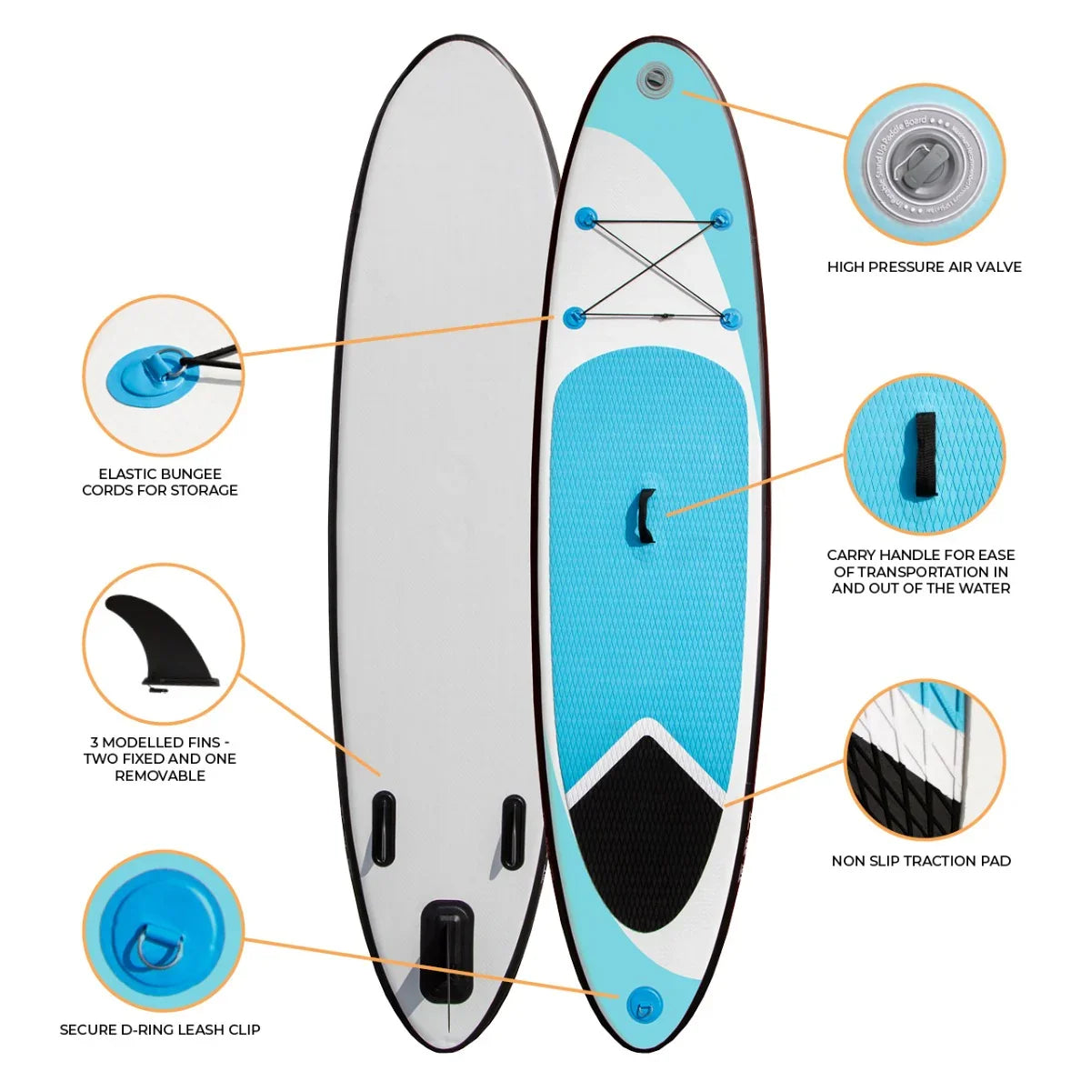 10ft blue inflatable paddle board with textured non-slip pad, bungee cords, three fins, and high-pressure air valve