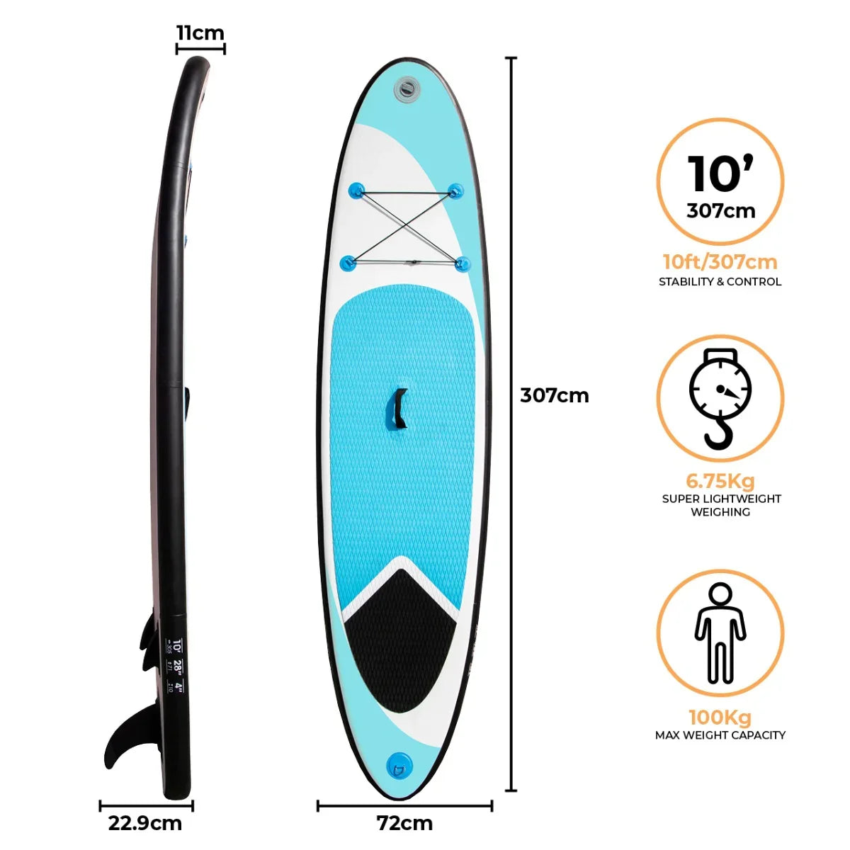 10ft blue inflatable paddle board with textured grip, sleek shape, and adjustable bungee cords for gear storage