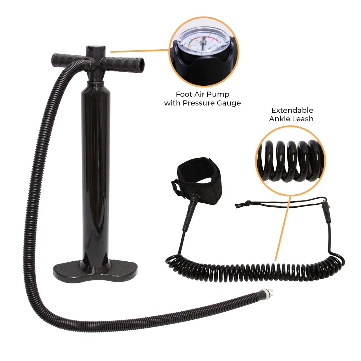 Black foot air pump with pressure gauge, coiled ankle leash, and accessories for 10ft blue inflatable paddle board