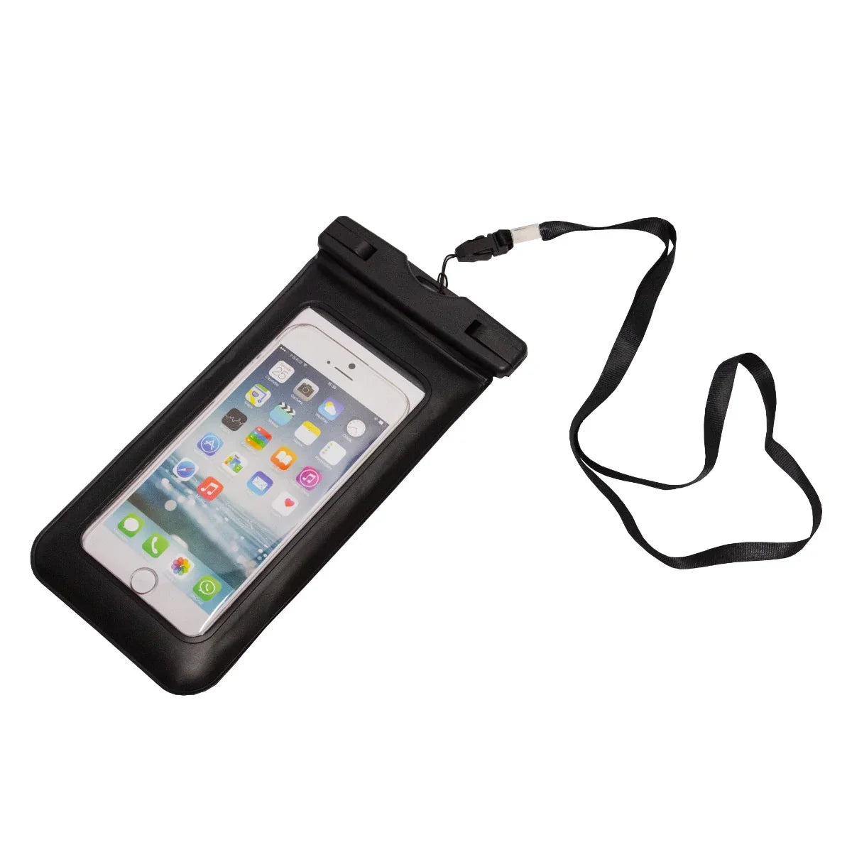Black waterproof phone pouch with clear front, adjustable neck strap, and secure closure for outdoor activities