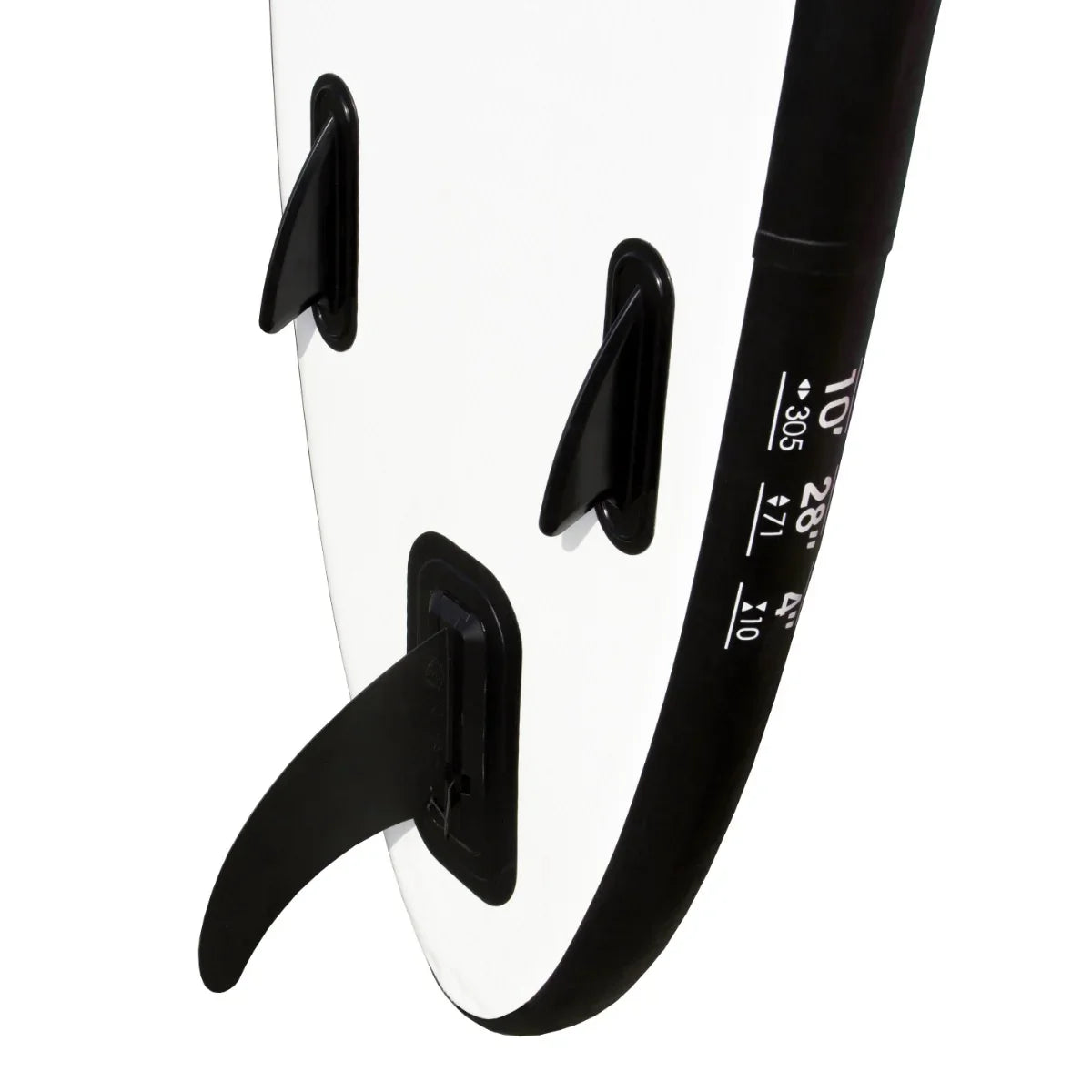10ft blue inflatable paddle board with a sleek white surface, black fins, and a durable design for stability on water
