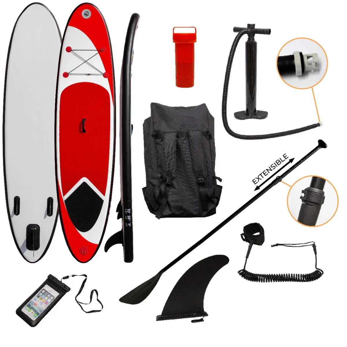 10ft red inflatable paddle board with white accents, paddle, pump, backpack, safety leash, and waterproof phone case included