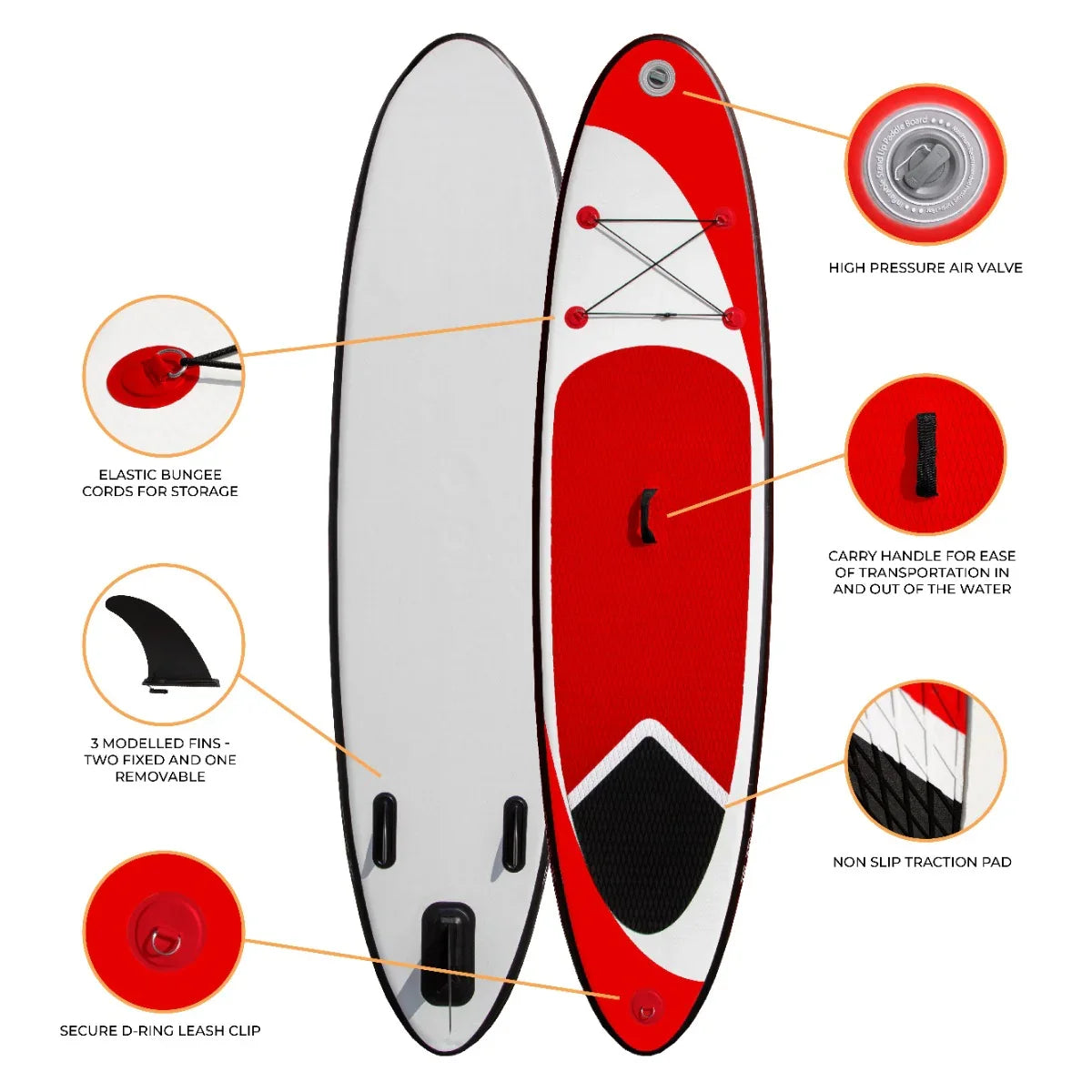 10ft red inflatable paddle board with non-slip traction pad, bungee cords, fins, and high-pressure air valve for stability