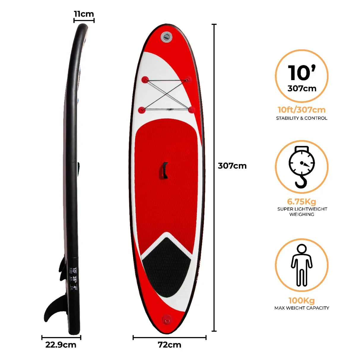 10ft red inflatable paddle board with a textured surface, black accents, and bungee cord for gear storage, ideal for...
