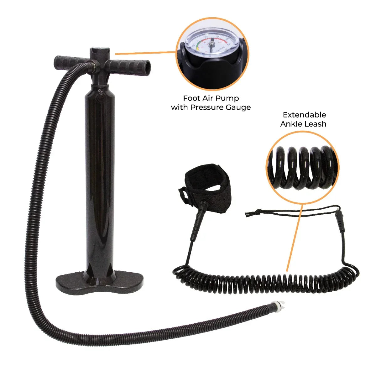 Black foot air pump with pressure gauge, coiled ankle leash, and paddle board accessories for 10ft red inflatable paddle...