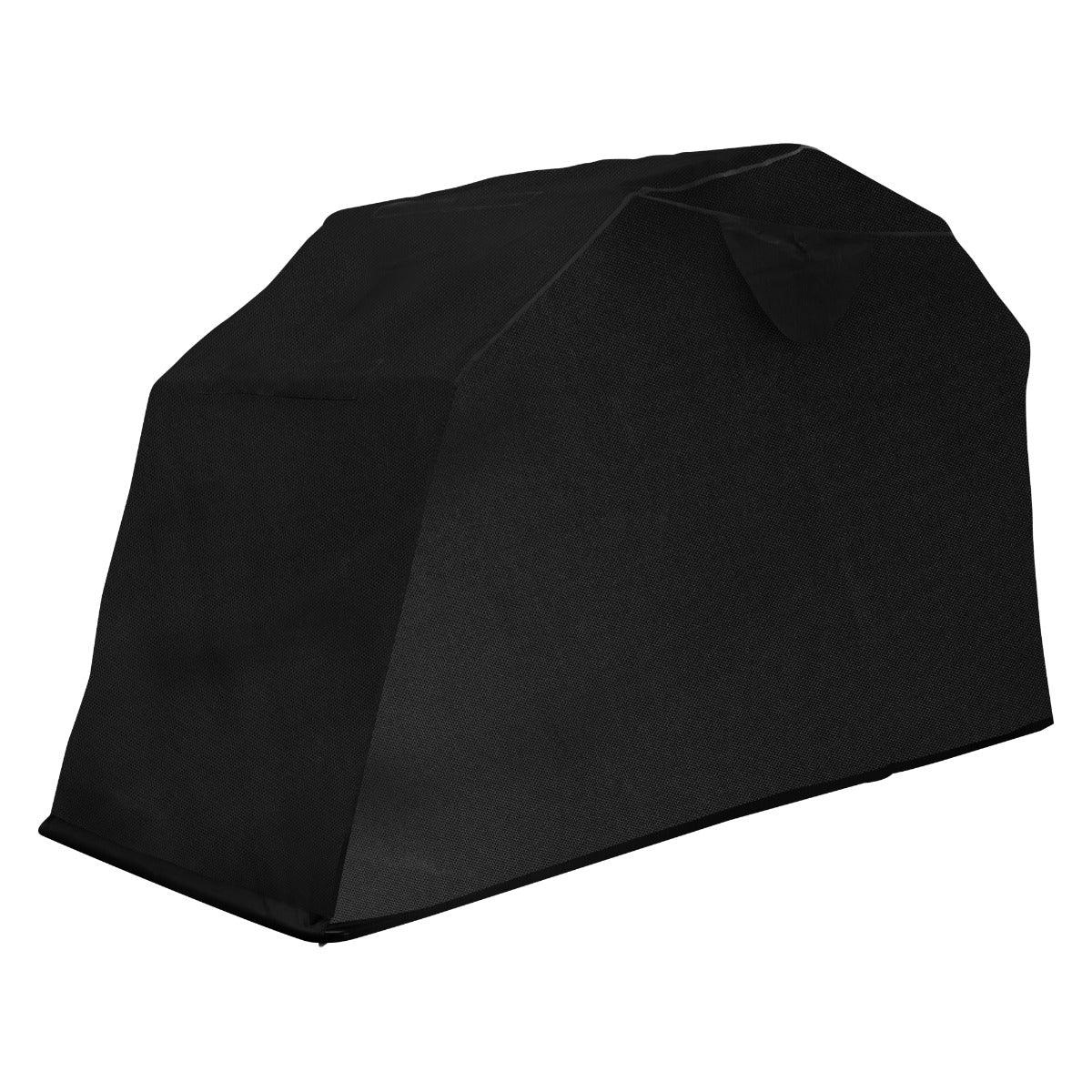 Durable black motorbike tent with a sleek, aerodynamic shape, designed to protect motorcycles from weather elements and dust