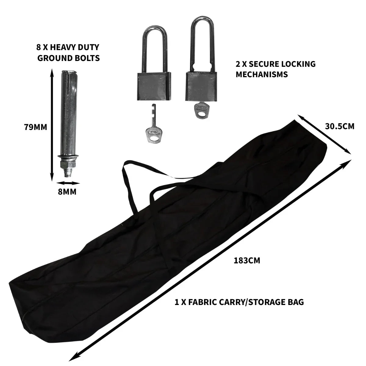 Heavy-duty ground bolts, secure locking mechanisms, and a fabric carry bag for the Motorbike Tent, showcasing durability and convenience