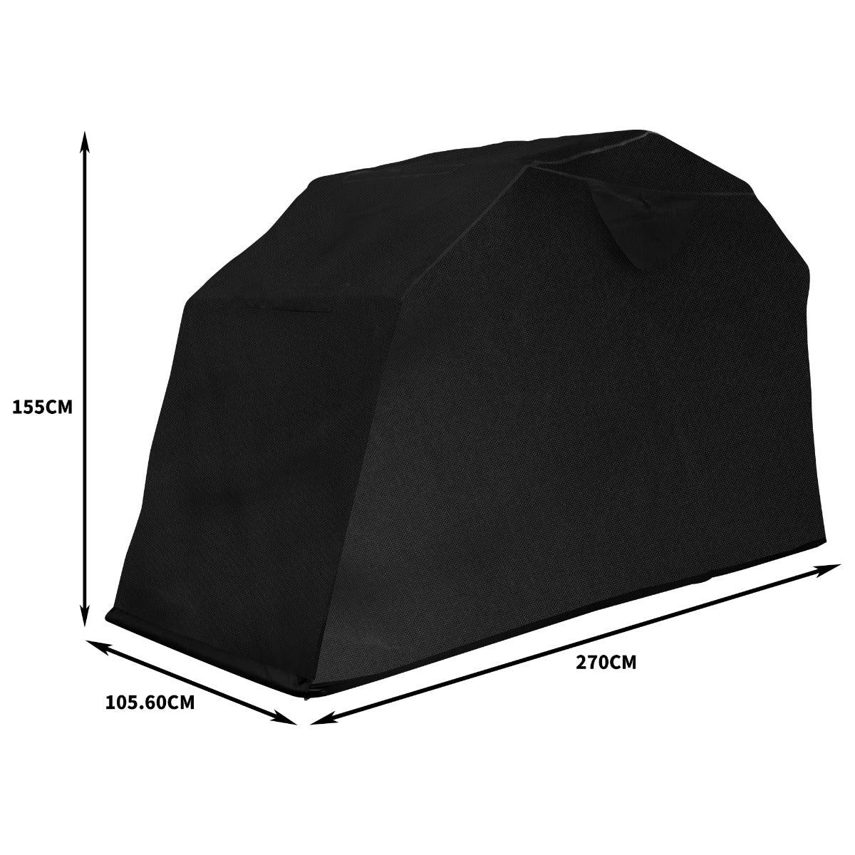 Durable black motorbike tent with a sleek design, measuring 270cm long, 155cm high, and 105.6cm wide, ideal for protection