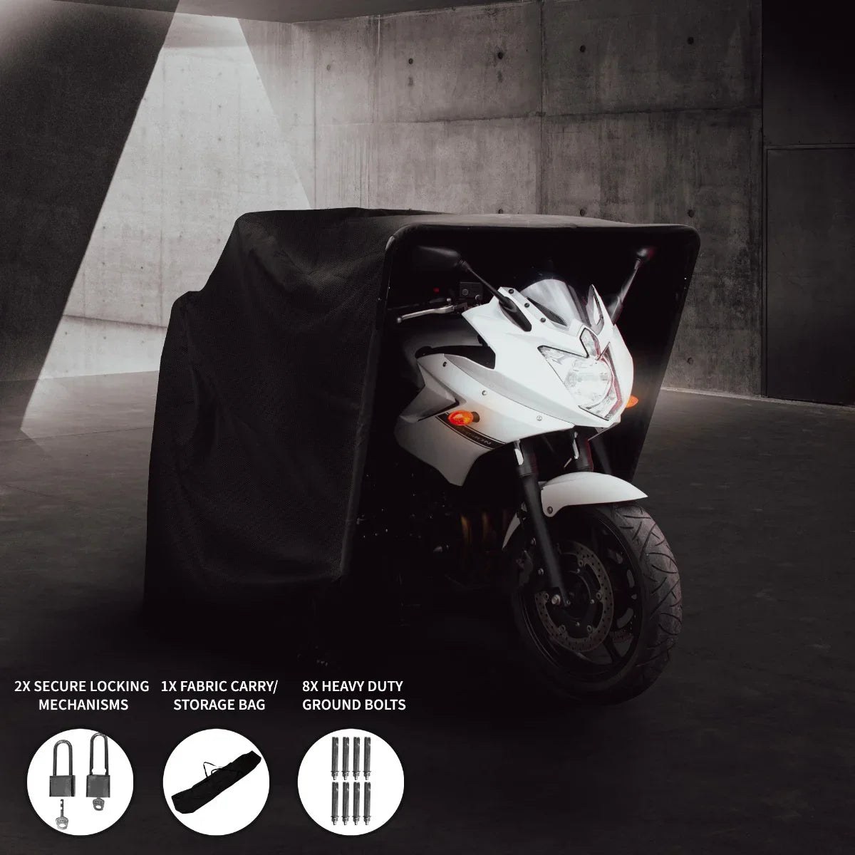 Motorbike tent featuring a sleek black design, secure locking mechanisms, and a fabric carry bag, ideal for outdoor protection