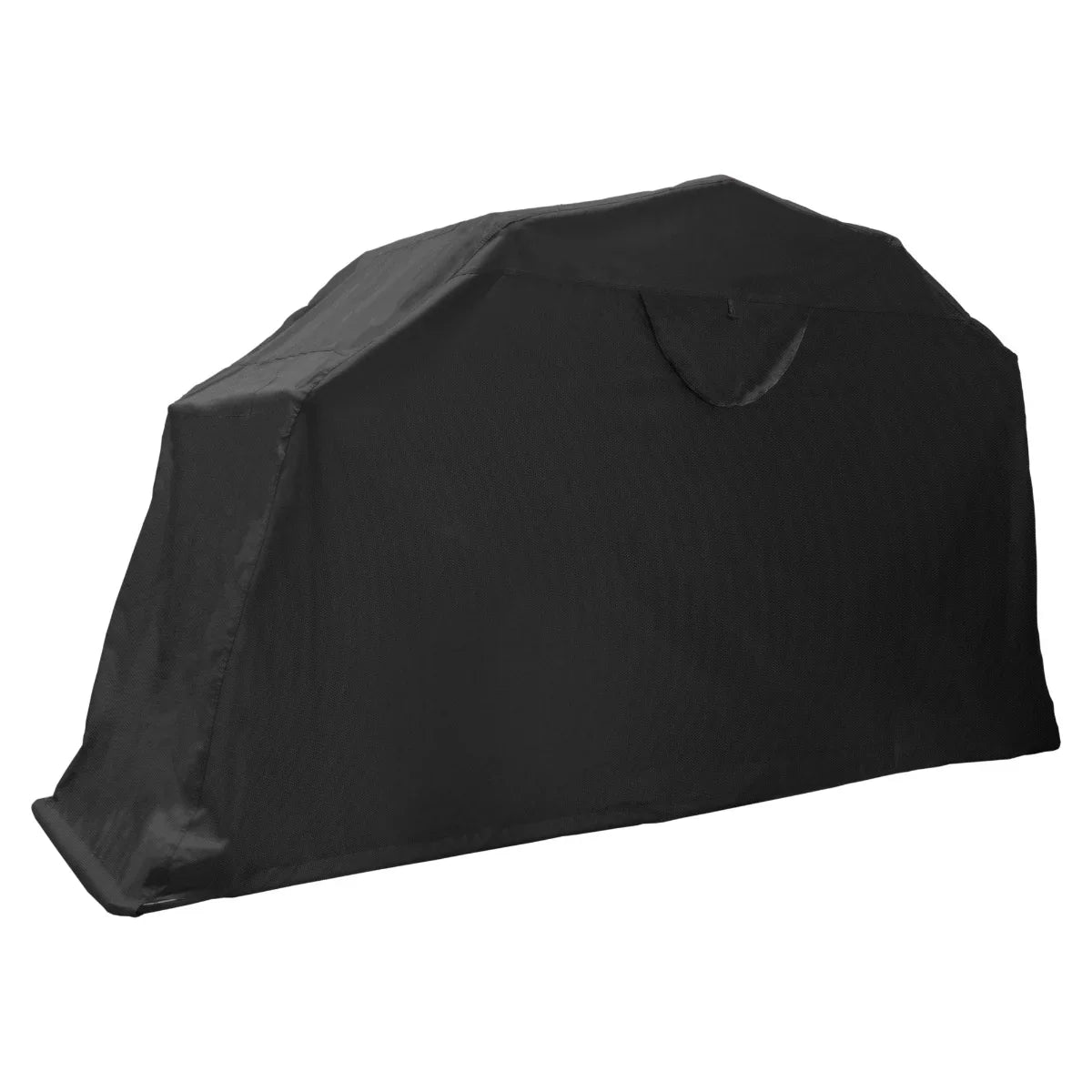 Large motorbike tent in sleek black fabric, featuring a spacious design with a smooth, water-resistant texture for outdoor protection