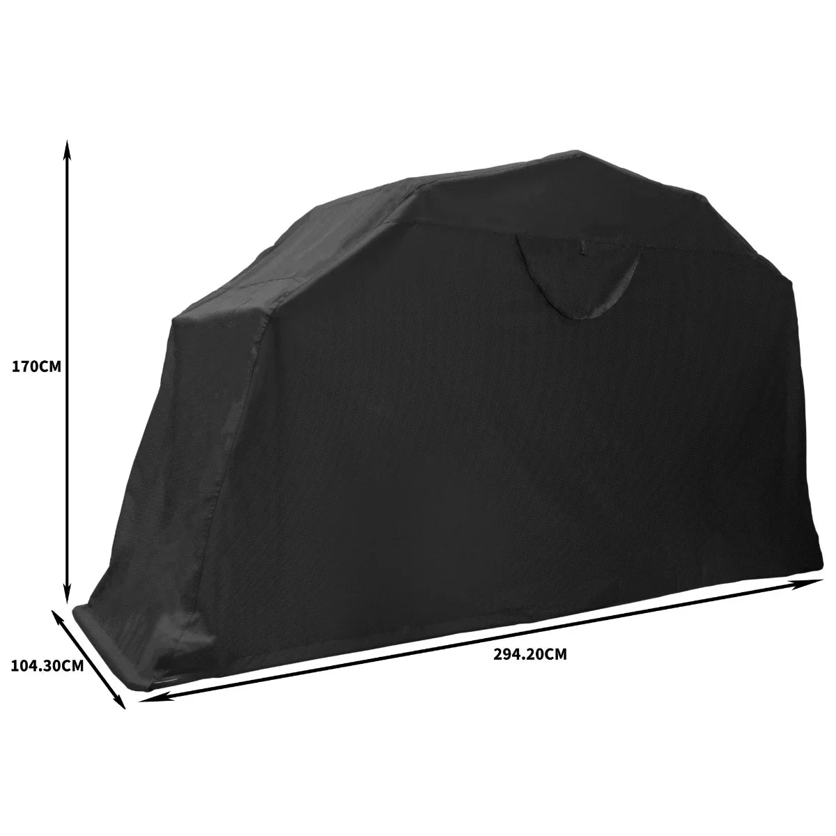 Large motorbike tent in sleek black, featuring a spacious design with dimensions of 294.2cm x 170cm x 104.3cm for optimal protection