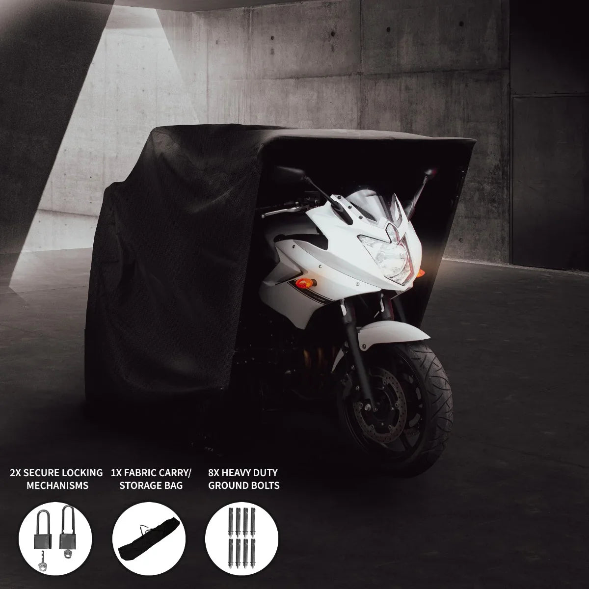 Large motorbike tent featuring a sleek black cover, secure locking mechanisms, and a fabric carry bag for easy transport and storage