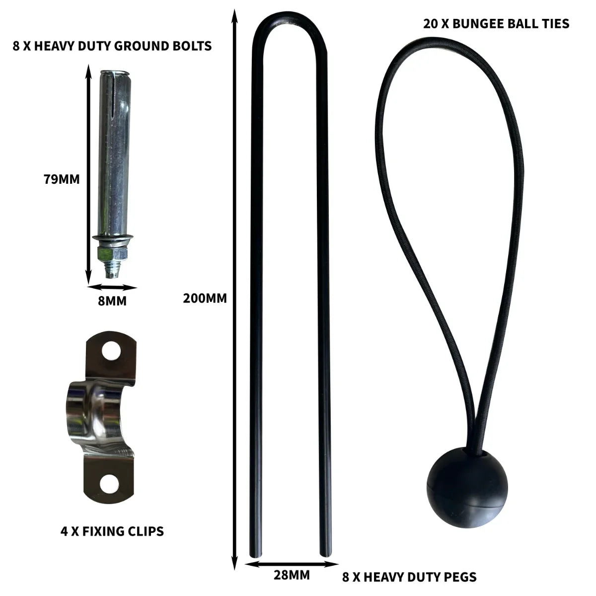 Waterproof bike tent accessories including heavy-duty ground bolts, fixing clips, pegs, and bungee ball ties for secure setup