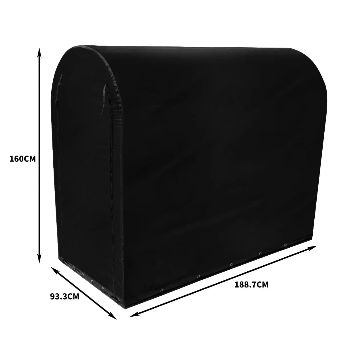 Waterproof bike tent in sleek black, featuring a rounded top, durable material, and dimensions of 188.7cm x 93.3cm x 160cm
