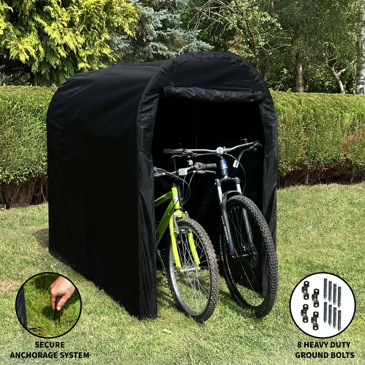 Waterproof bike tent in black, featuring a secure anchorage system and two bicycles inside, ideal for outdoor protection against elements