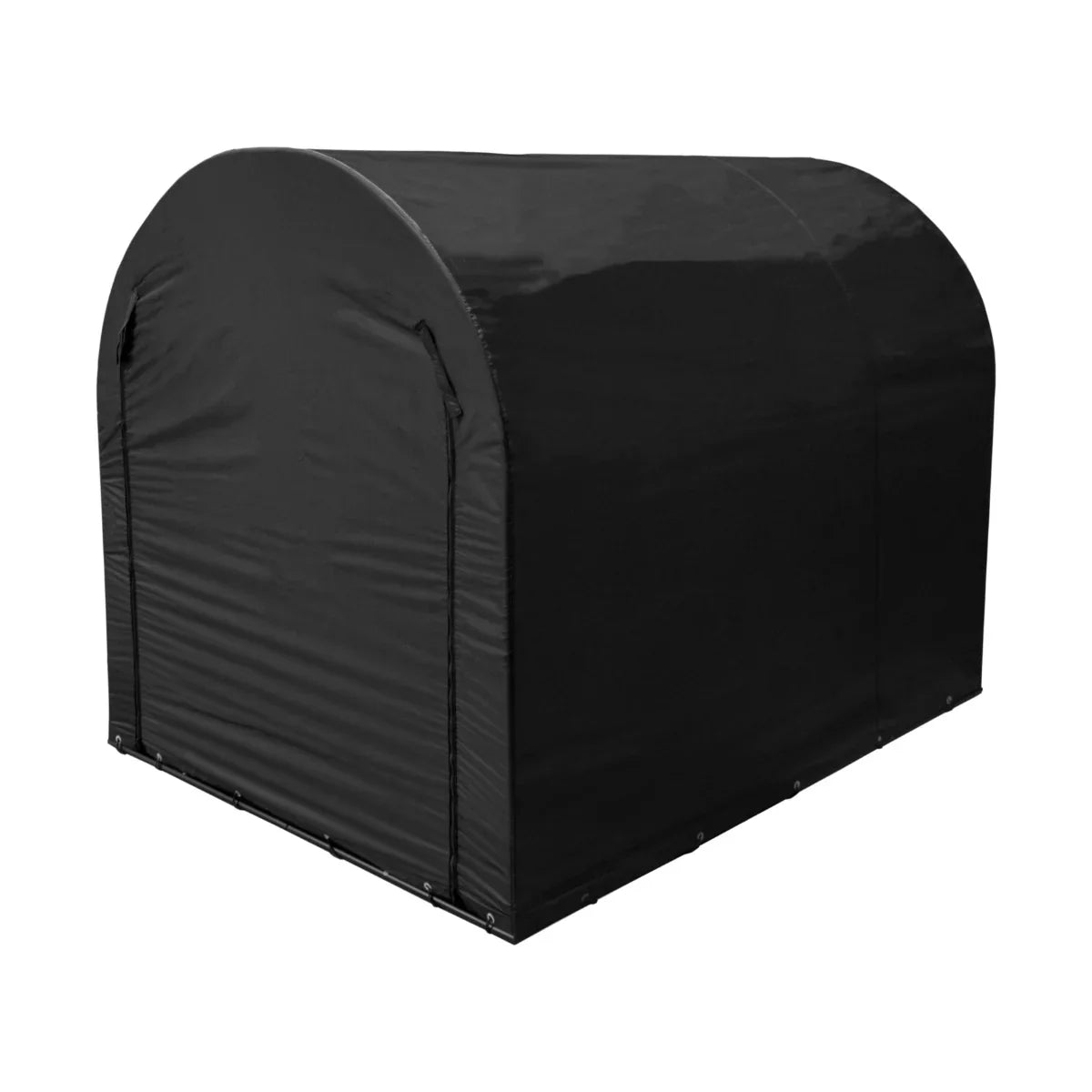 Large black bike tent with a rounded top, durable waterproof material, and secure zippered entrances for easy access and protection