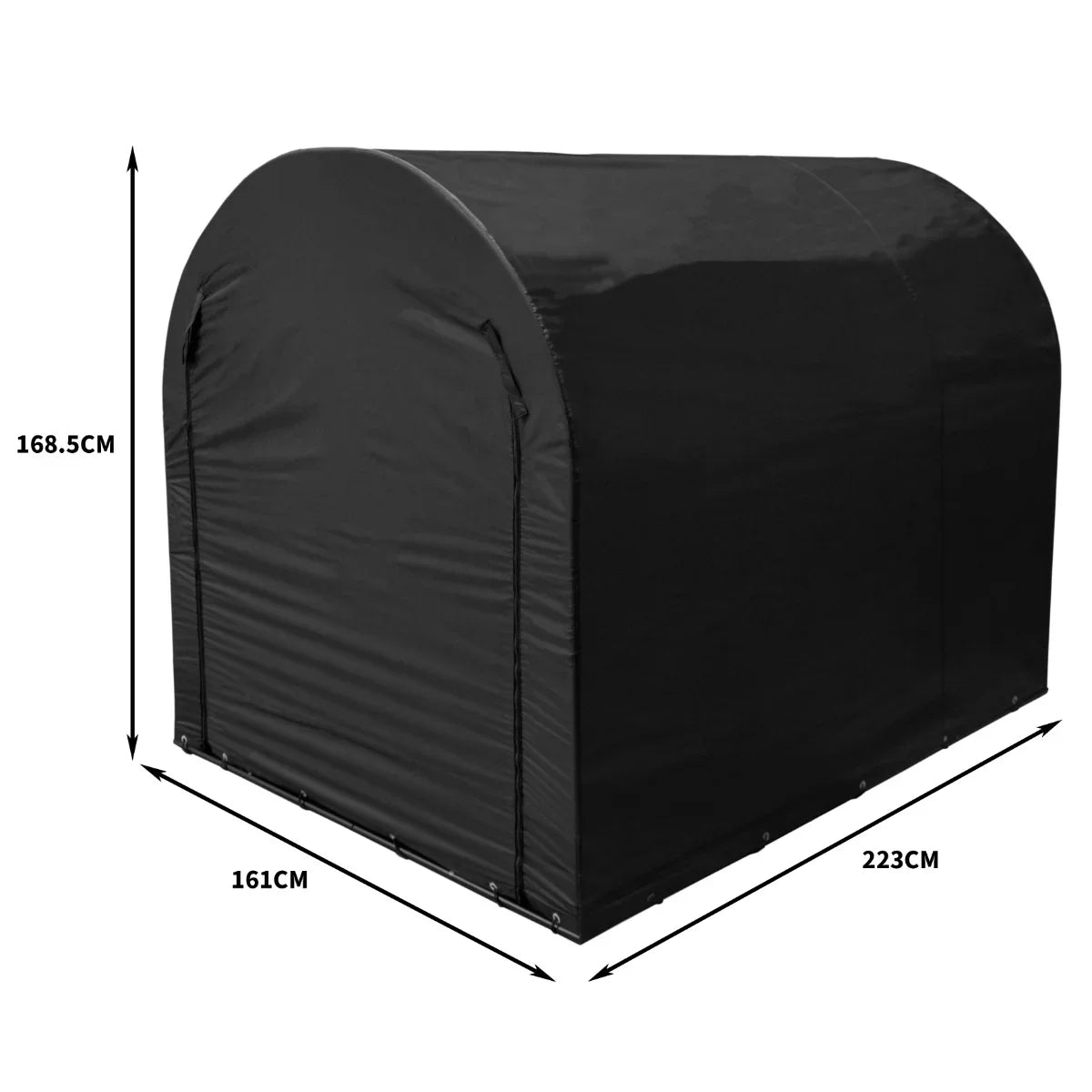 Large black bike tent with a rounded top, measuring 168.5cm high, 161cm wide, and 223cm long, designed for outdoor storage