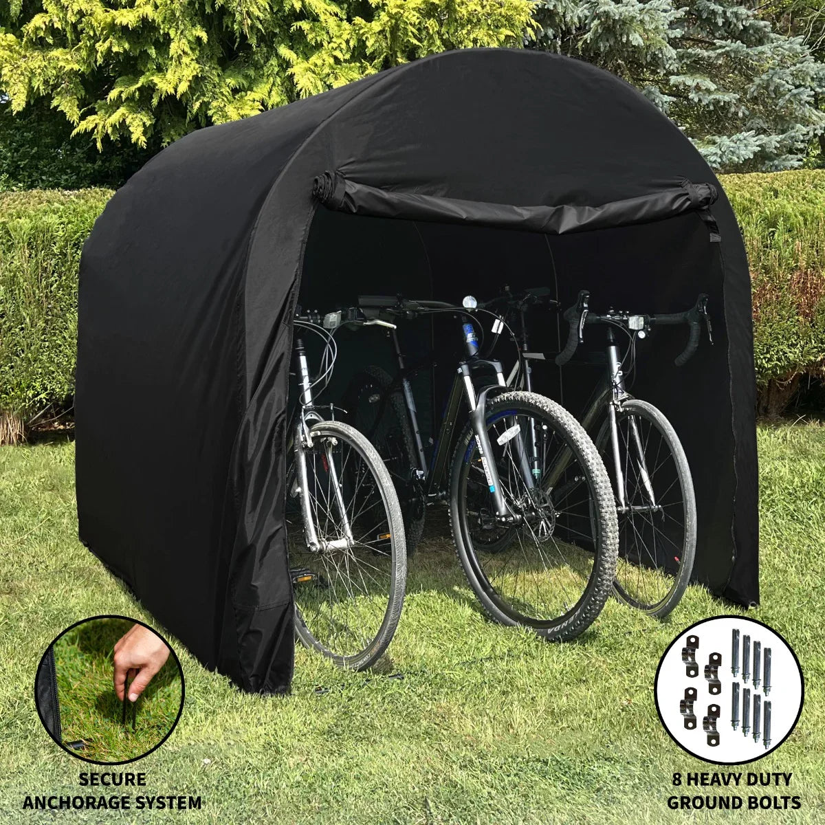 Large bike tent in black, featuring a rounded top, secure anchorage system, and space for multiple bicycles, set on grass