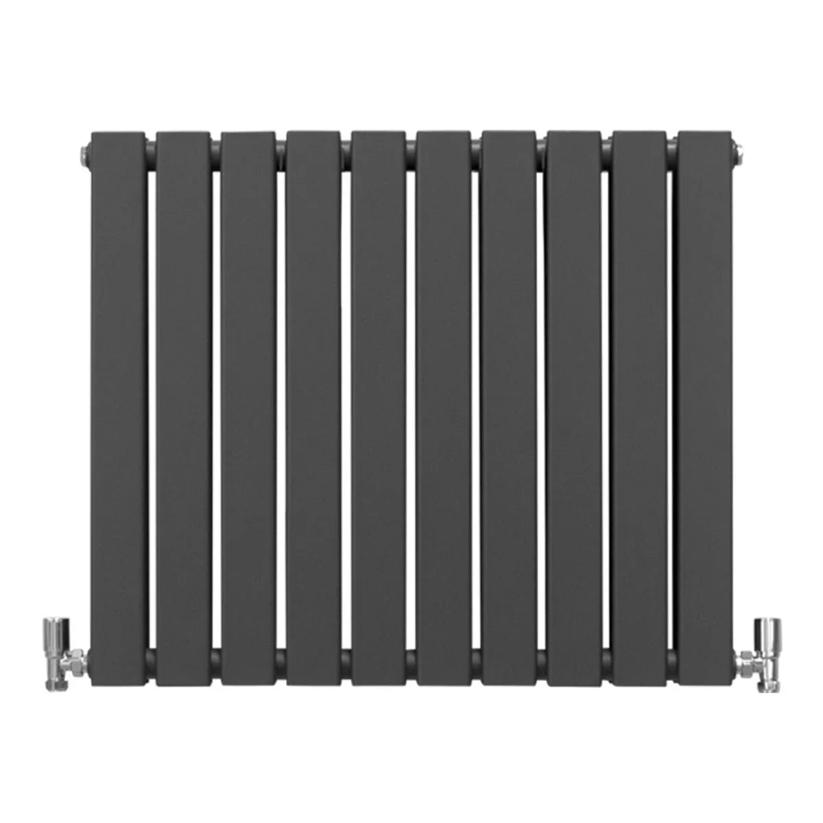 Designer flat panel radiator in anthracite grey, 600mm x 700mm, featuring a sleek, modern design with vertical slats and chrome valves
