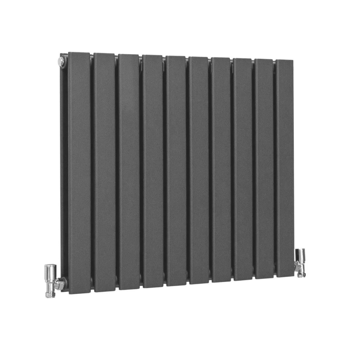 Anthracite grey designer flat panel radiator, 600mm x 700mm, featuring a sleek, modern design with vertical slats and chrome valves