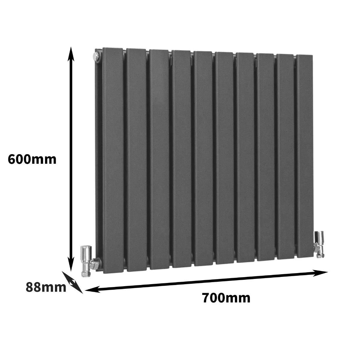 Designer flat panel radiator in anthracite grey, measuring 600mm x 700mm, features sleek vertical lines and modern fittings