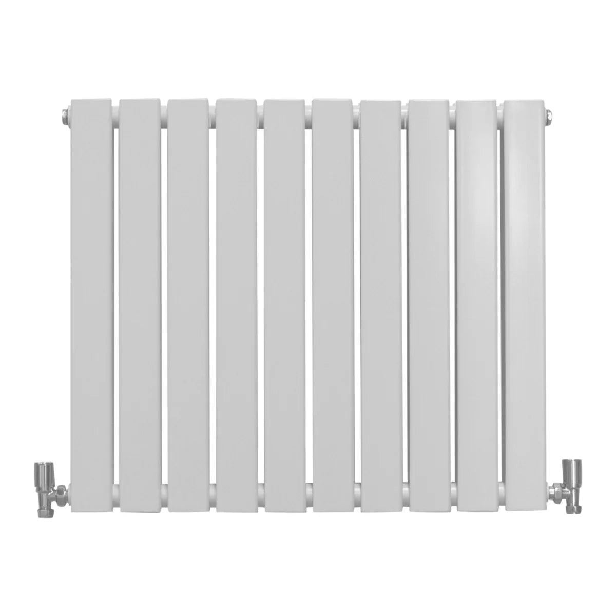 Gloss white designer flat panel radiator, 600mm x 700mm, featuring sleek vertical lines and modern fittings for stylish heating solutions