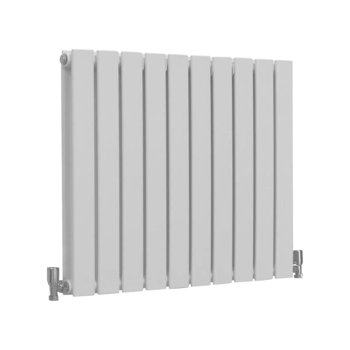 Gloss white designer flat panel radiator, 600mm x 700mm, featuring a sleek, modern design with vertical slats and polished valves