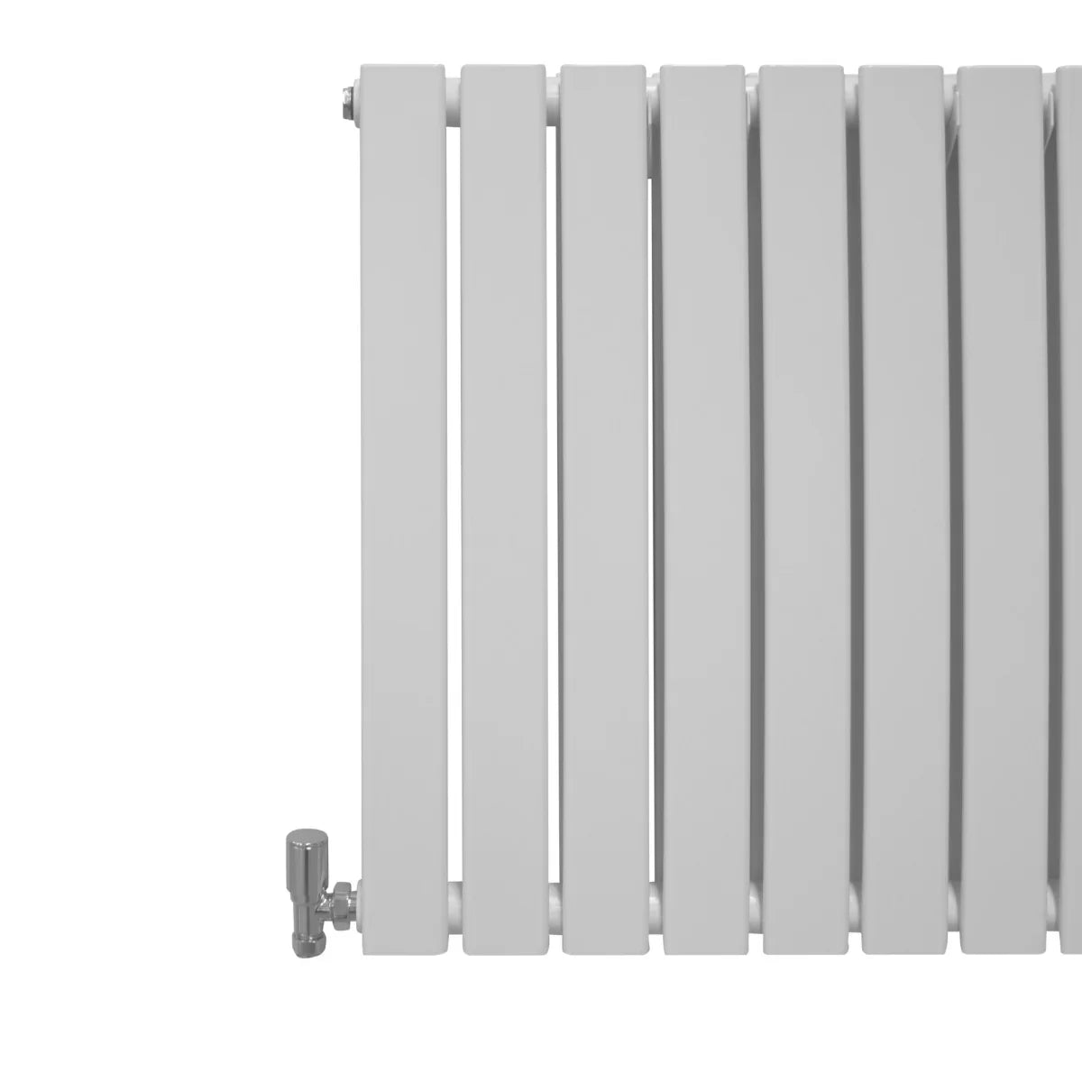 Gloss white designer flat panel radiator with sleek vertical bars, measuring 600mm x 700mm, featuring a modern chrome valve