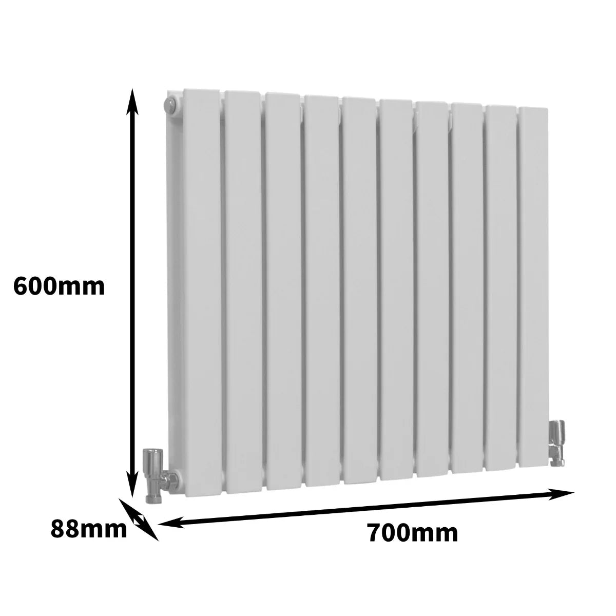 Gloss white designer flat panel radiator measuring 600mm x 700mm, featuring sleek vertical lines and modern aesthetic design
