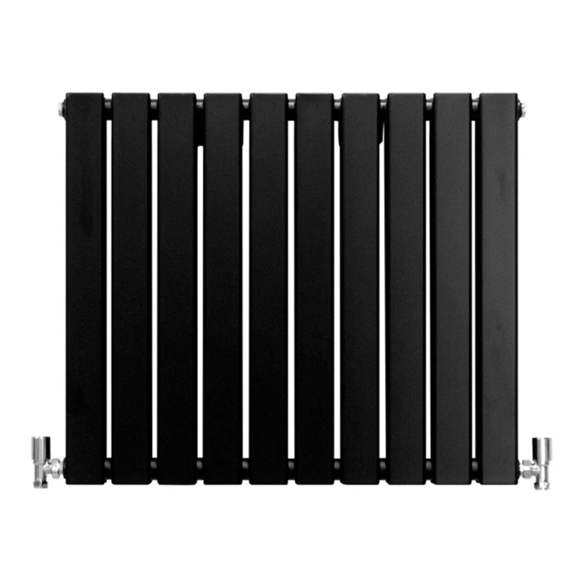 Matte black designer flat panel radiator, 600mm x 700mm, featuring sleek vertical slats and polished chrome valves for modern decor