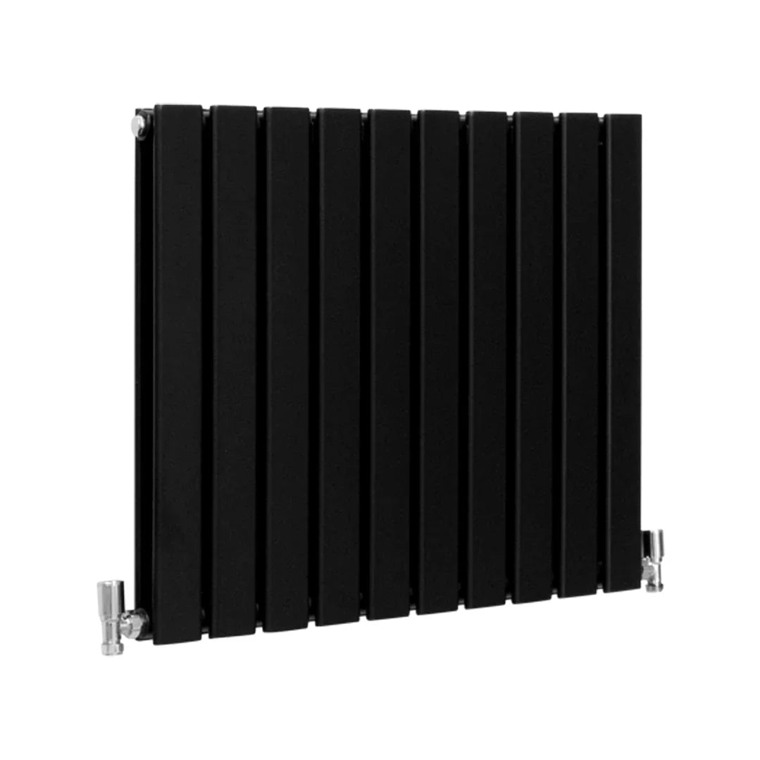 Matte black designer flat panel radiator, 600mm x 700mm, featuring sleek vertical lines and polished chrome valves for modern decor